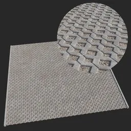 "Concrete openwork plate road with gravel fill for Blender 3D. Perfect for creating realistic suburban environments with its circular pattern and textured carpet-like appearance. Modify using arrays for extended length and width."