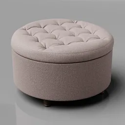 "Grey upholstered tufted round ottoman stool 3D model for Blender 3D. Soft and fluffy design with small legs and rounded corners. Perfect for a well-appointed space."