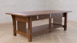Detailed 3D wooden Stickley Table model with drawers for Blender, ideal for interior design renderings.