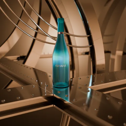 Realistic 3D model of a blue bottle in an industrial metal framework scene, designed for product visualization.