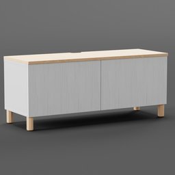 "Besta Ikea TV Cabinet 3D Model in Blender 3D - White and Wood Design with Light Wood Top - Max TV Weight 50kg. Ikea Style Furniture Design Sheet Rendered in Clean Cel Shaded Style, Perfect for Adult Swim Animation."