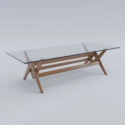 3D-rendered modern table with glass top and intricate wooden base, suitable for architectural visualization in Blender.