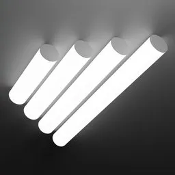 "Valo-C: Award-winning digital render of a black fluorescent ceiling/wall light, with four tubes and smooth curvature design. Available in 4 size variations from 60cm to 150cm in length, and each light can be positioned separately. Perfect for medium-poly Blender 3D models."
