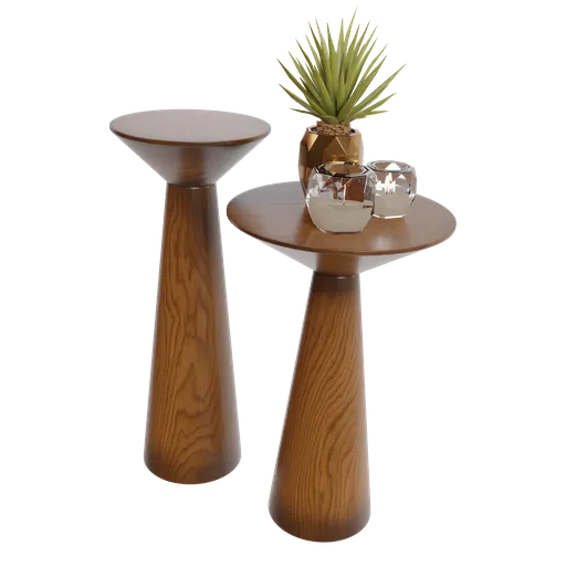 Highly detailed Blender 3D model of wooden drink tables with textured surfaces and accessories.