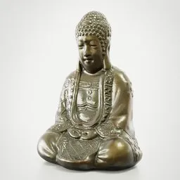Detailed 3D render of metallic Japanese Buddha, ideal for Blender artists and sculpture enthusiasts.