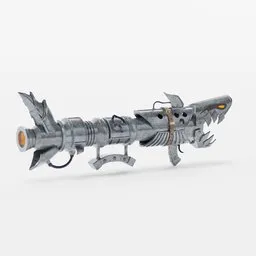 "Jinx Rocket Launcher 3D model for Blender 3D - A sci-fi military weapon resembling a fish, with an attached gun, inspired by League of Legends character Jinx. Rendered with RPG item elements, featuring bolts, a hint of nostalgia, and a frostbite 3 engine, set against a light white background. Perfect for 3D enthusiasts and game developers in search of a powerful rocket launcher model."