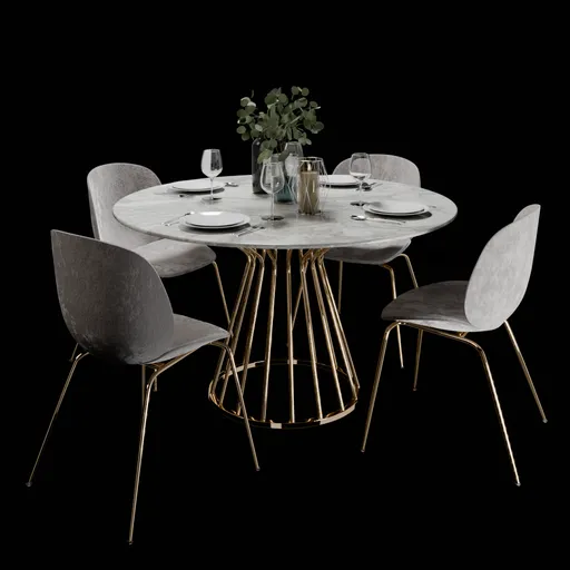 3D-rendered marble top dining table with golden legs and modern grey chairs, suitable for Blender modeling.