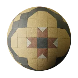 High-resolution PBR geometric mosaic tile texture in golden yellow and ocean black for 3D modeling.