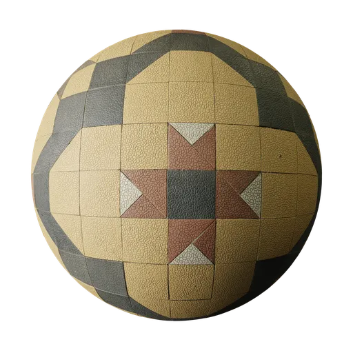 High-resolution PBR geometric mosaic tile texture in golden yellow and ocean black for 3D modeling.