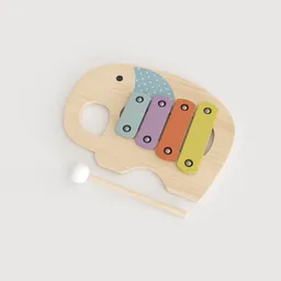 3D-rendered wooden elephant xylophone with colorful keys and mallet, ideal for Blender 3D artists and children's toy design.