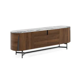 Curved wooden 3D sideboard with metal legs and marble top, for hall interior design, compatible with Blender.