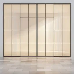 Realistic Blender 3D model showcasing a modern sliding door with translucent glass panels, designed for compact spaces.