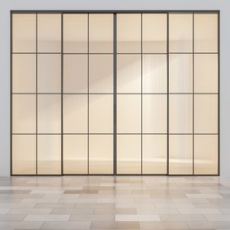 "Golden smooth Designer Door Slider with Flute Glass for small spaces in Blender 3D. Featuring thin straight lines and subtle color variations. 3D model for doors category."