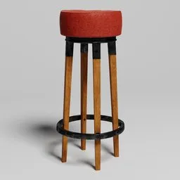Highly detailed Blender 3D model of a bar stool with a red leather cushion and wooden legs.