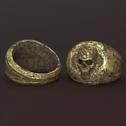 Detailed 3D rendering of a textured gold signet ring with skull motif and emerald eyes, designed in Blender and zBrush.