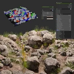 "Procedural Rock Generator and Scatter - A fully procedural environment element for Blender 3D. Create stunning rock fields and scatter them with ease using texture paint and color coding."