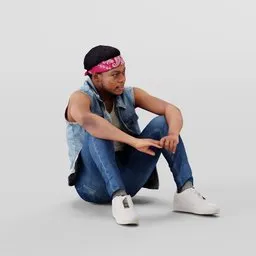 3D model of sitting young man with denim vest and red bandana, suitable for Blender rendering and character animation.