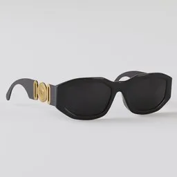 "Versace Biggie sunglasses model in Blender 3D - black facemask, gold buckle, and sleek design by Jony Ives. Made in 2019, this high-quality 3D model accurately depicts the popular accessory. Ideal for fashion designers and creators looking to enhance their projects."