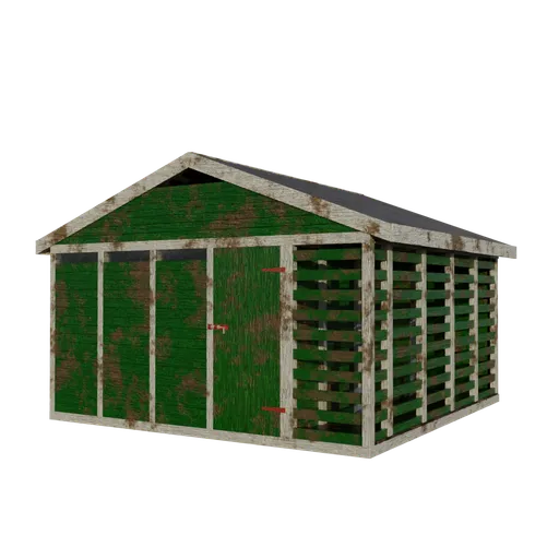 Detailed 3D wooden shed model with weathered texture perfect for Blender rendering and animation projects.