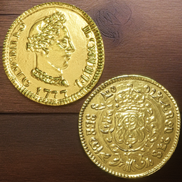 "3D model of a realistic gold doubloon inspired by old Spanish coins, rendered in Blender 3D. The model features intricate details, including a crown of rubies and a detailed wooden surface. Perfect for visualizing financial concepts or creating historical scenes."