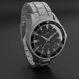 Realistic 3D model of a stainless steel diver's watch with adjustable hands and date, compatible with Blender.