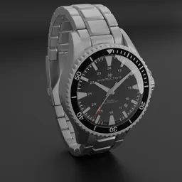 "3D model of Hamilton Khaki Navy Scuba Auto Watch, H82335131, with stainless steel band and automatic movement. Rotatable handles and date disk add to the detailed design. Created using Blender 3D software."