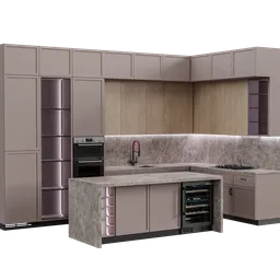 Modern customizable kitchen 3D model with appliances designed in Blender, showcasing a sleek layout with detailed texturing.