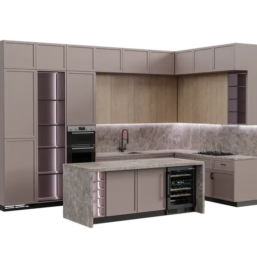 Modern customizable kitchen 3D model with appliances designed in Blender, showcasing a sleek layout with detailed texturing.