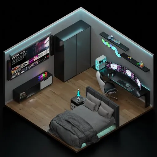 Isometric 3D model of a modern gaming room with computer setup and bed, designed for Blender.