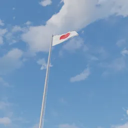 Detailed 3D Blender model of Japan's flag on a pole with custom texture, fluttering against a clear sky.
