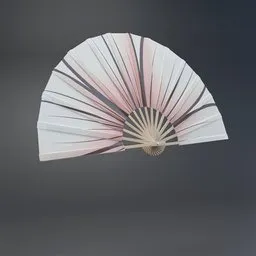 "3D model of a Folding Fan for decorative use, designed in Blender and rendered in Octane. Inspired by the Japanese collection of the Metropolitan Museum, featuring coated pleats and a pink and white design. Perfect for use in digital art and 3D projects."