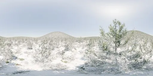Serene snowy HDR landscape with vibrant sunlight, snow-covered trees, and blue sky for 3D lighting.