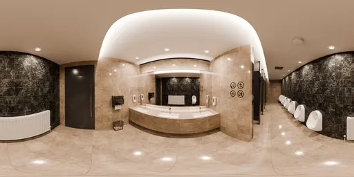 360-degree HDR panorama of a modern public restroom with warm lighting and clean facilities.