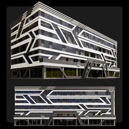 "Explore the Modern Business Centre building by M3D in 3D render with extreme detail. This public complex features an art deco pattern and a staircase leading up to the black box, an empty and highly stylized data center. Perfect for CAD, cyber security, and military outpost projects on Blender 3D."