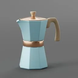 High-quality 3D model of a stylized blue and gold espresso pot, compatible with Blender, showcasing modern design.