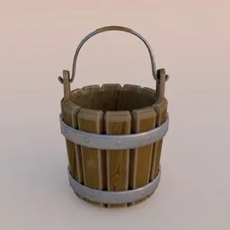 "3D model of a rustic wooden bucket with a handle in Blender 3D. Ideal for RPG game environment assets. Textured with water and displacement maps."