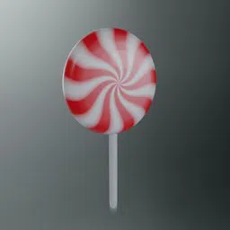 Realistic 3D model of a red and white striped lollipop, designed for Blender with PBR textures.