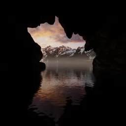 Cave by Lake and Mountains