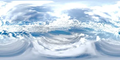 360-degree HDRI skydome panorama for 3D scenes with detailed clouds and sunlight effects.