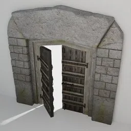 3D model of a rustic medieval double door with stone arch, crafted for Blender, featuring realistic PBR textures and hinges.