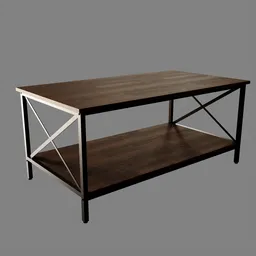 Detailed 3D-rendered coffee table with metal accents and wooden shelves, modeled in Blender.