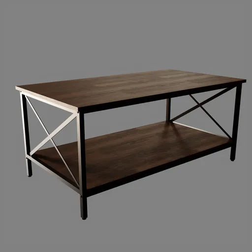 Detailed 3D-rendered coffee table with metal accents and wooden shelves, modeled in Blender.