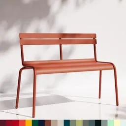 "3D model of a modern minimalist outdoor bench from the Fermob Luxembourg collection, recreated in Blender 3D software. The bench is shown in vivid colors against a wall, with a swatch of the Fermob color chart included. Created by Carpoforo Tencalla and ready for use in 2022 projects."