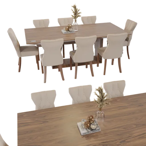 Realistic 3D model of a wooden dining table with chairs, designed for Blender software visualization.