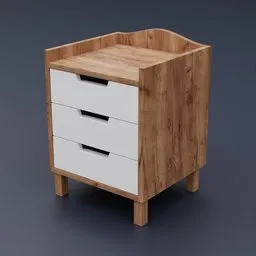 Realistic wooden 3D model of a bedside table with drawers, designed in Blender.