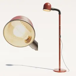 "Vintage Floor Lamp: A Mid-century Modern Furniture in Redshift Rendered by Blender 3D," featuring a stand lamp with a light and searchlight design, is a perfect addition to any retro-inspired interior design. This 80s/90s-inspired floor lamp is reminiscent of designs by Cecco Bravo and Marc Newson, resulting in a photorealistic and industrial piece that functions as an art piece and lighting solution.