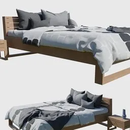 "Minimalist bed with pillows and nightstand, inspired by Jørgen Roed and featuring wooden platforms. This low-poly 3D model, created by Tikamoon, showcases a trending cel-shading style. Ideal for Blender 3D users seeking a versatile and visually appealing addition to their projects."
