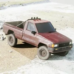 "Model of a red Toyota Hilux pickup truck designed in 1988, rendered in 8k resolution with Blender 3D software. Features left-hand drive, clay material, and a professional vehicle profile. Created by Ben Enwonwu for BlenderKit's "standard" category."