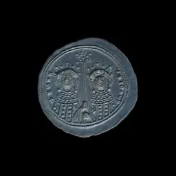 "Byzantine coin 3D model depicting sister empresses Zoe and Theodora with letter M on reverse. Multires modifier allows for flexible detail. Perfect for 3D modeling in Blender."