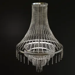 Elegant crystal chandelier 3D render, detailed glass lighting model, luxurious interior light fixture design.